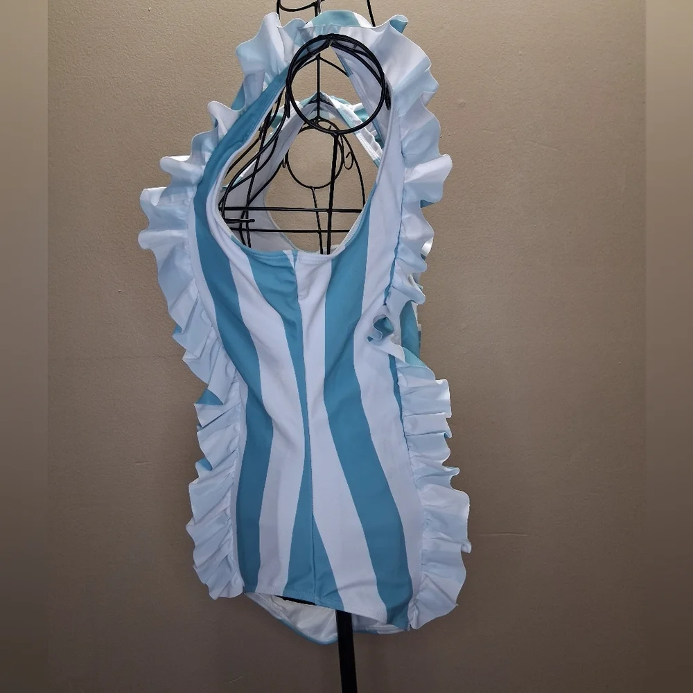 XXL Light Blue/White Striped  Girl Swimsuit - Ruffled Details - Retro Coquette